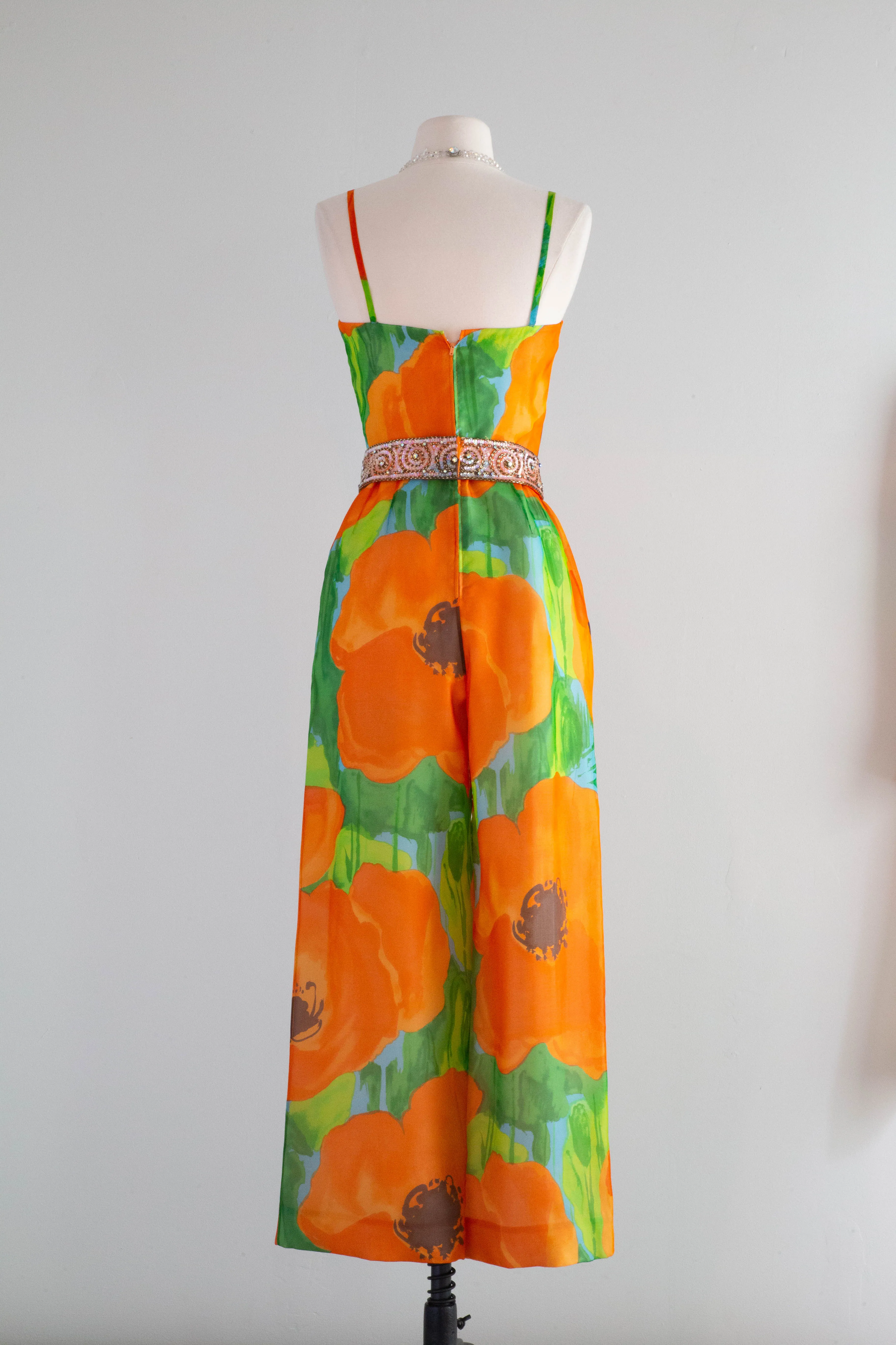 Absolutely FABULOUS 1960's Poppy Print Silk Jumpsuit / Small