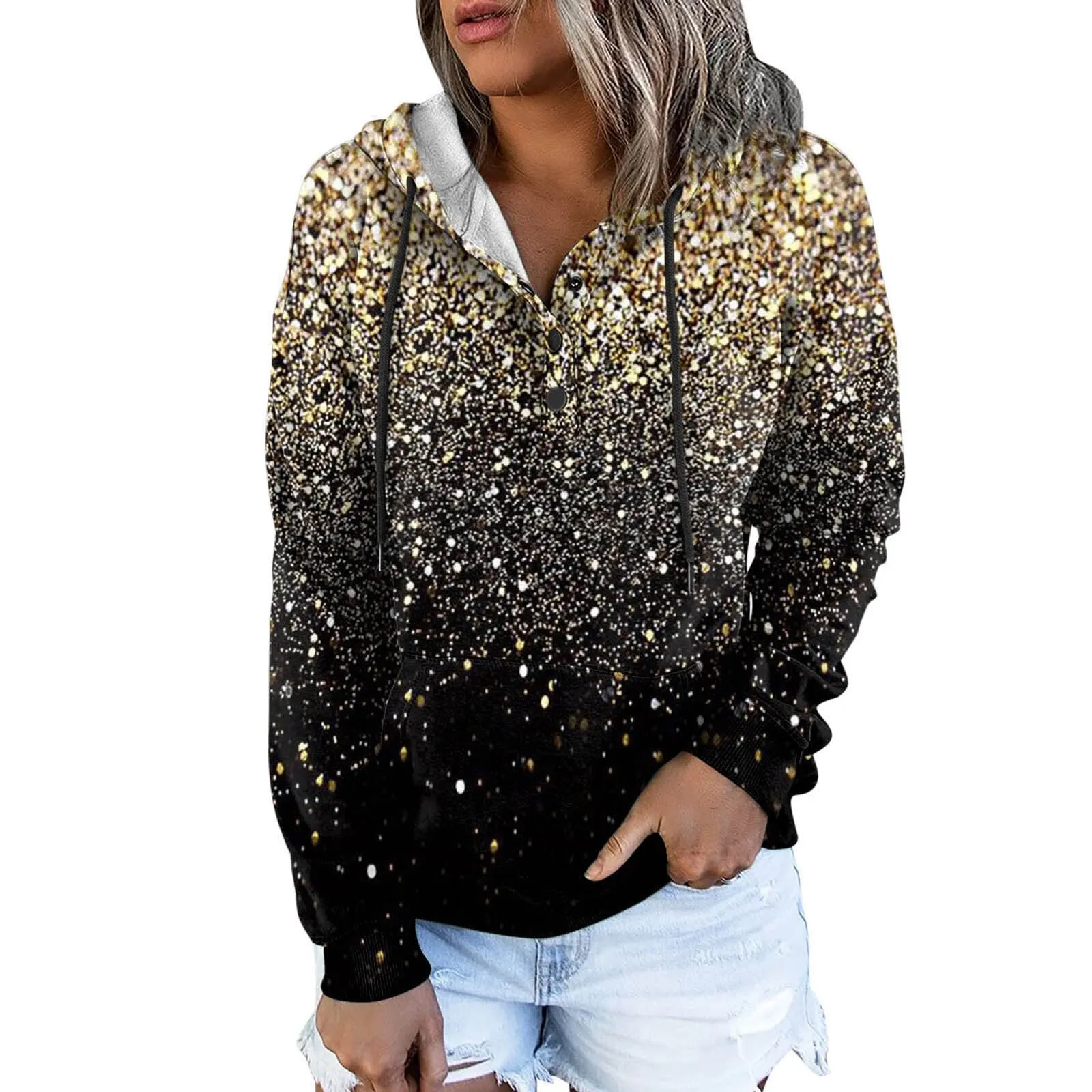 Amy Fashion - Casual Drawstring Button Sequins Printed Hooded Sweatshirts