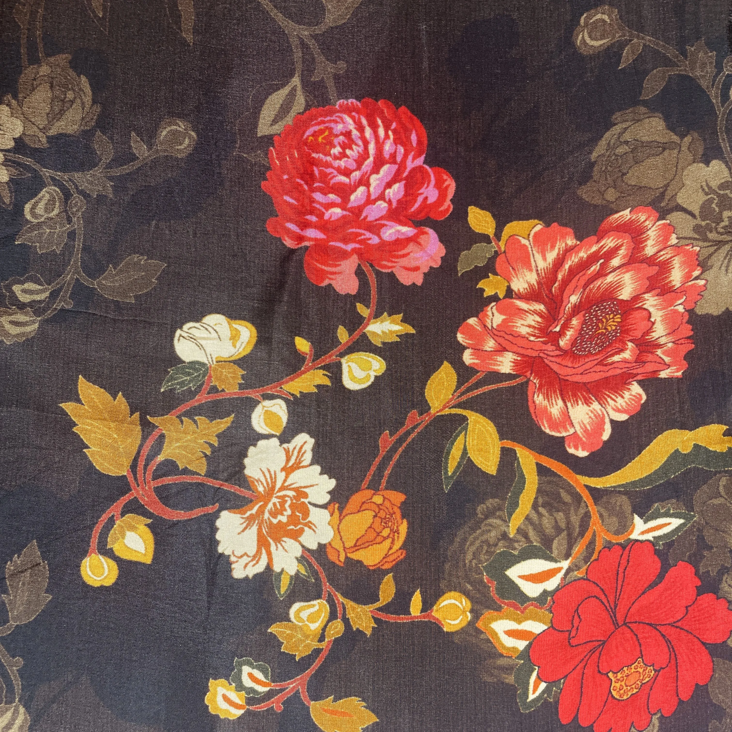 Brown Floral Print Upada Silk Fabric 19612