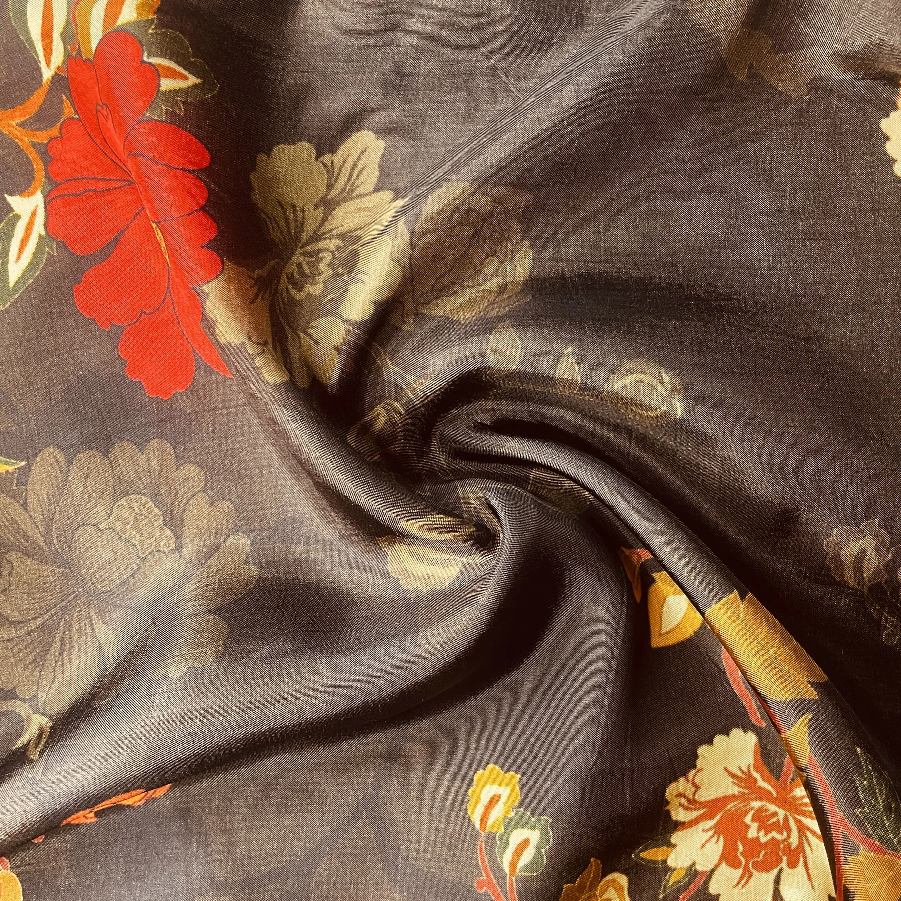 Brown Floral Print Upada Silk Fabric 19612