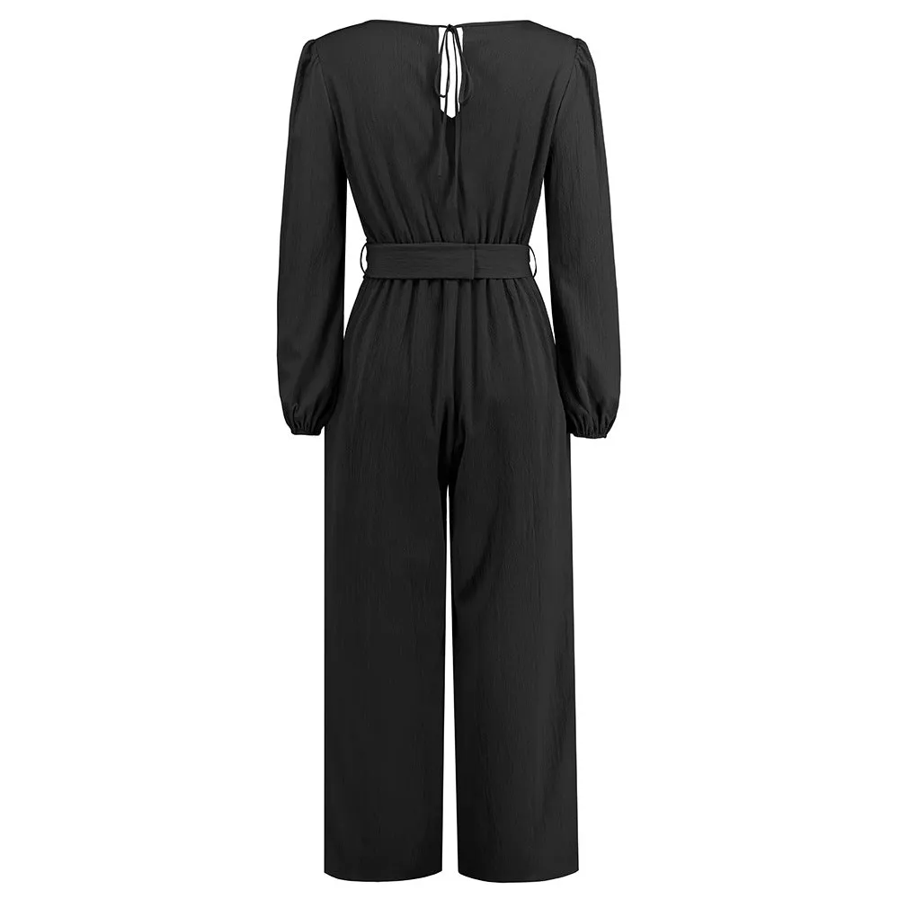 Casual Solid Color V-neck Long Sleeve Slim-fit Jumpsuit