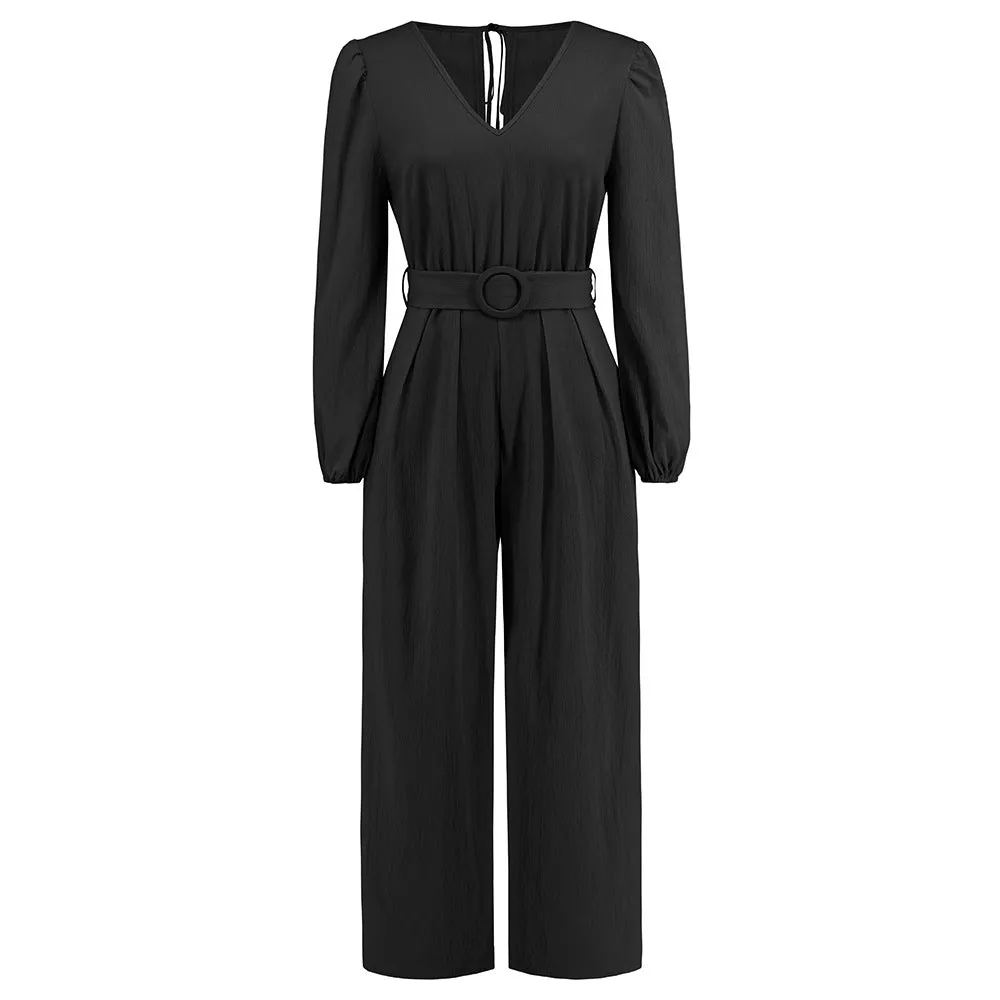 Casual Solid Color V-neck Long Sleeve Slim-fit Jumpsuit