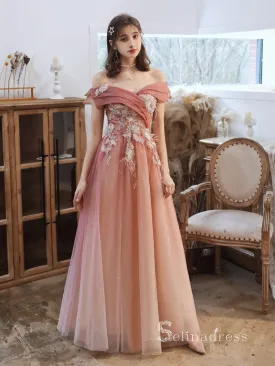 Chic A-line Off-the-shoulder Long Prom Dresses Applique Formal Gowns CBD180