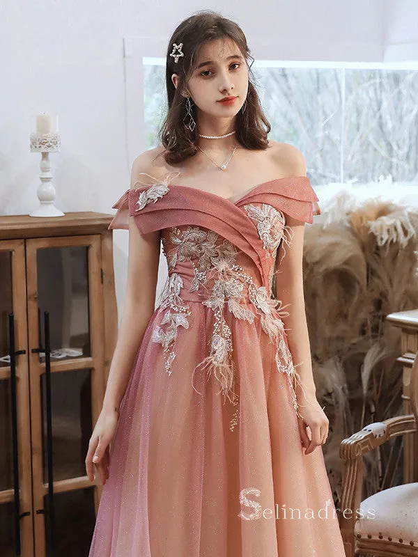 Chic A-line Off-the-shoulder Long Prom Dresses Applique Formal Gowns CBD180