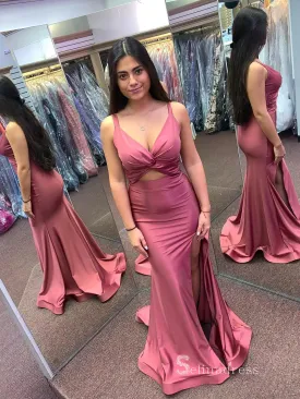 Chic Mermaid Straps Rose Pink Long Prom Dresses Simple Cheap Evening Gowns MLK037