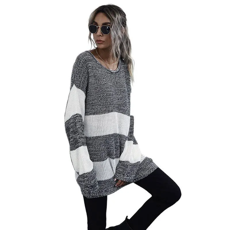 CONTRASTING STRIPED PATCHWORK SWEATER_CWOSWL2110