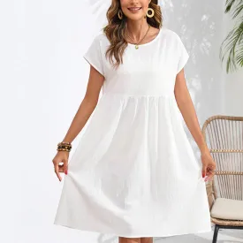 COTTON LINEN ROUND NECK A-LINE POCKET DRESS_CWDMD2381