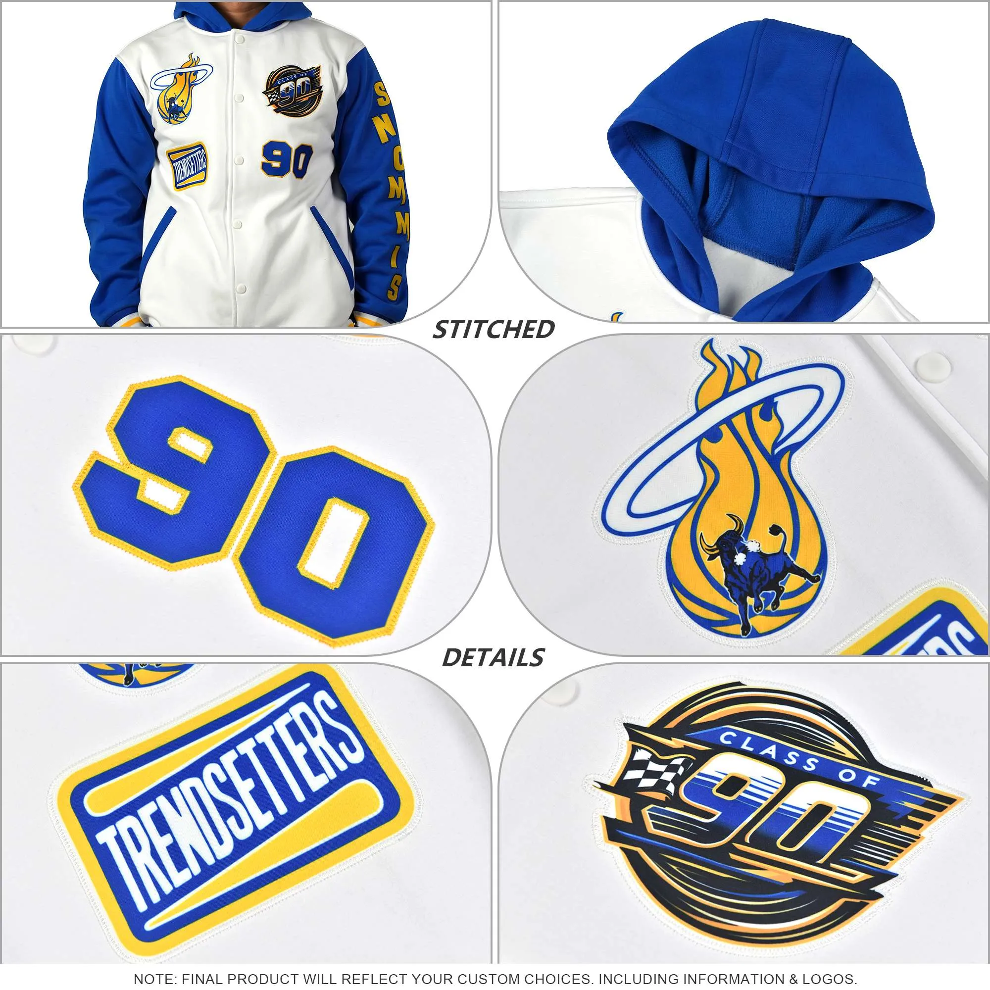 Custom Aqua Gold Raglan Sleeves Varsity Full-Snap Letterman Three Stripes Hoodie Jacket