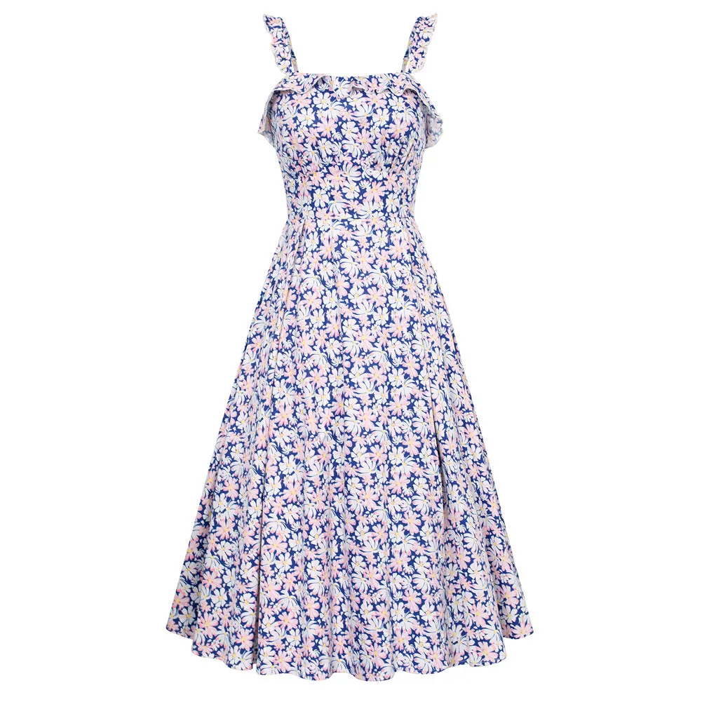 Floral Summer Dresses for Women 2024 Midi Sun Dresses Flowy Spaghetti Strap Dress with Pockets