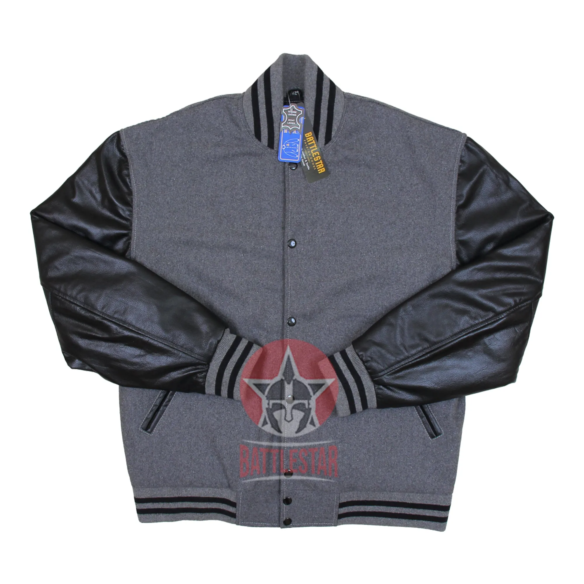 Gray Wool Black Leather Sleeves Varsity Baseball Jacket