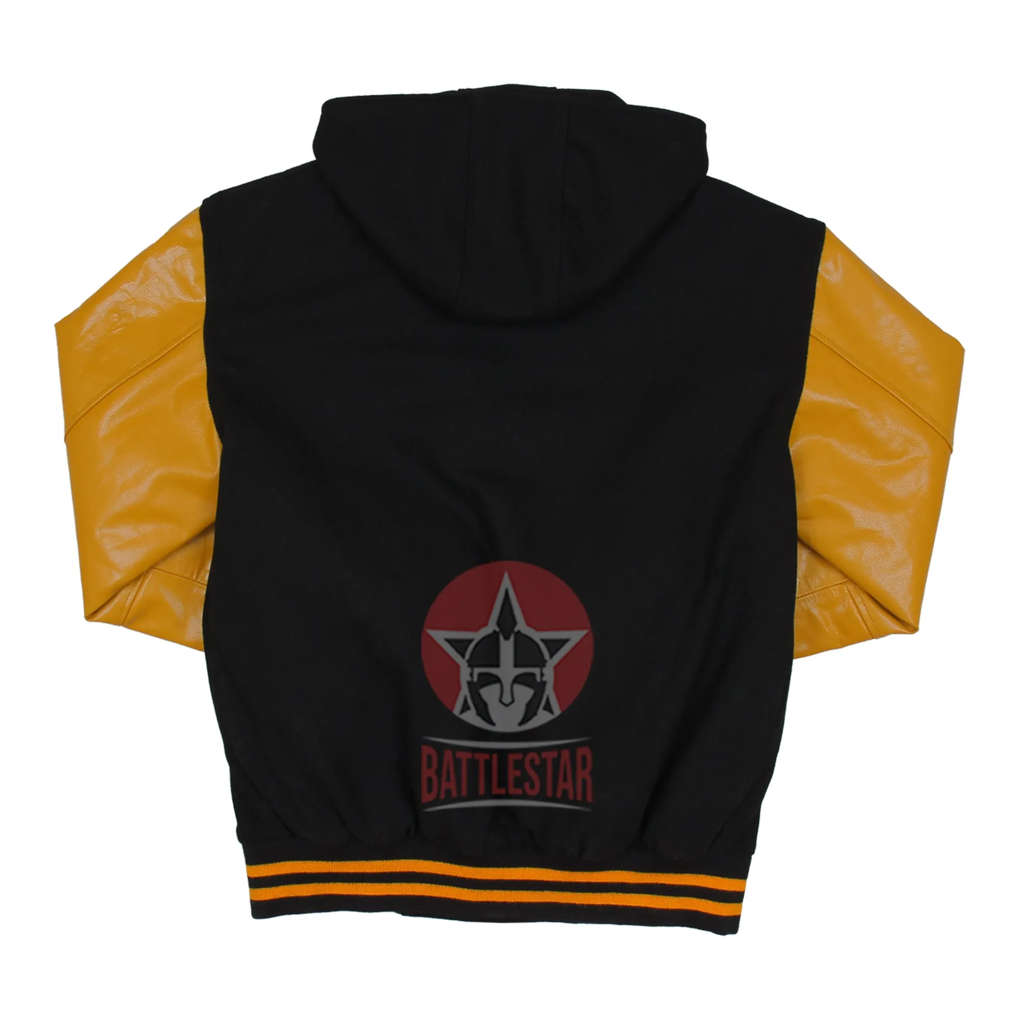 Hooded Black Wool Varsity Jacket Gold Yellow Leather Sleeves