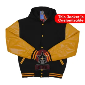 Hooded Black Wool Varsity Jacket Gold Yellow Leather Sleeves