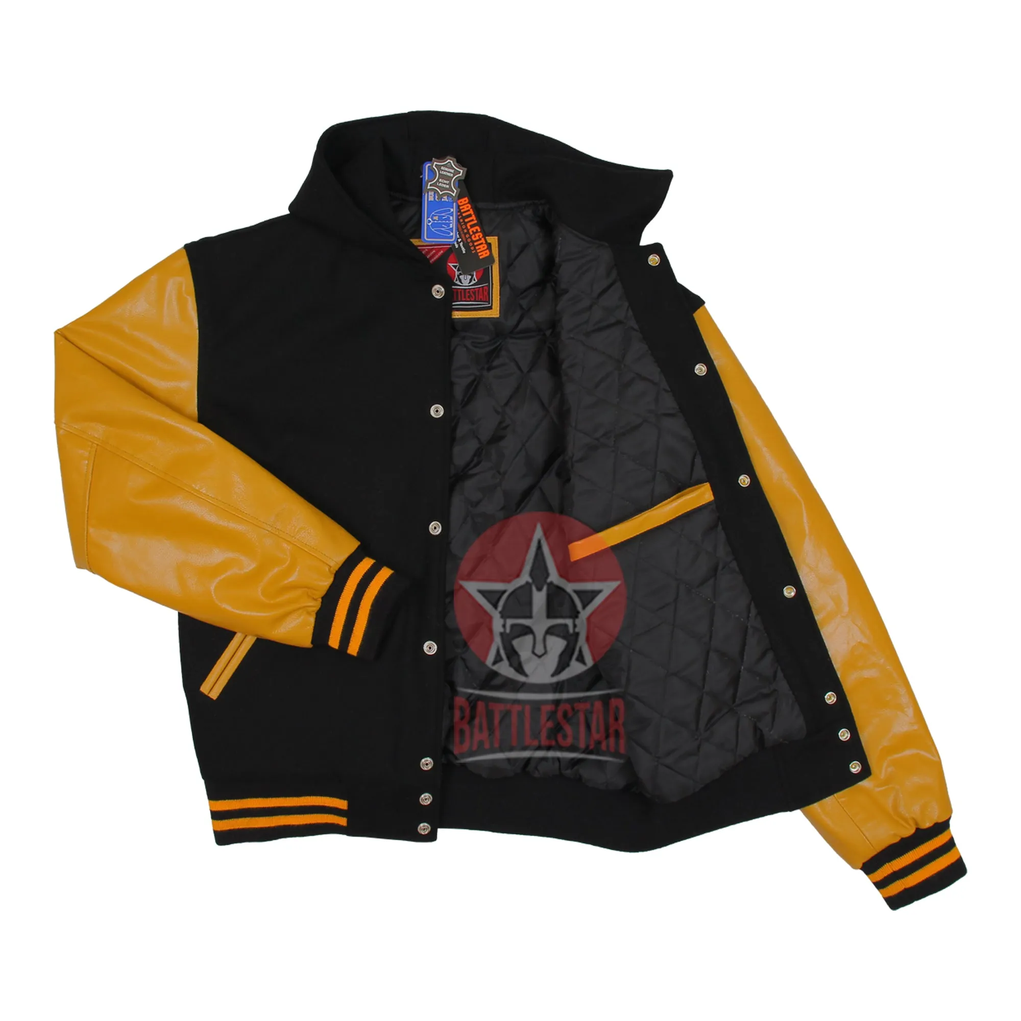 Hooded Black Wool Varsity Jacket Gold Yellow Leather Sleeves