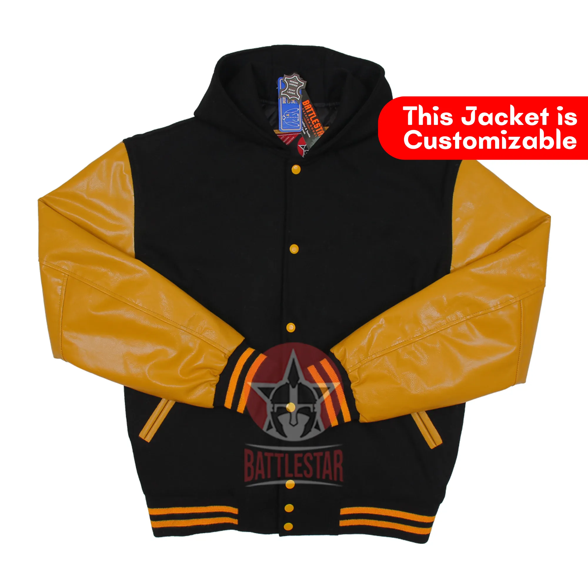 Hooded Black Wool Varsity Jacket Gold Yellow Leather Sleeves