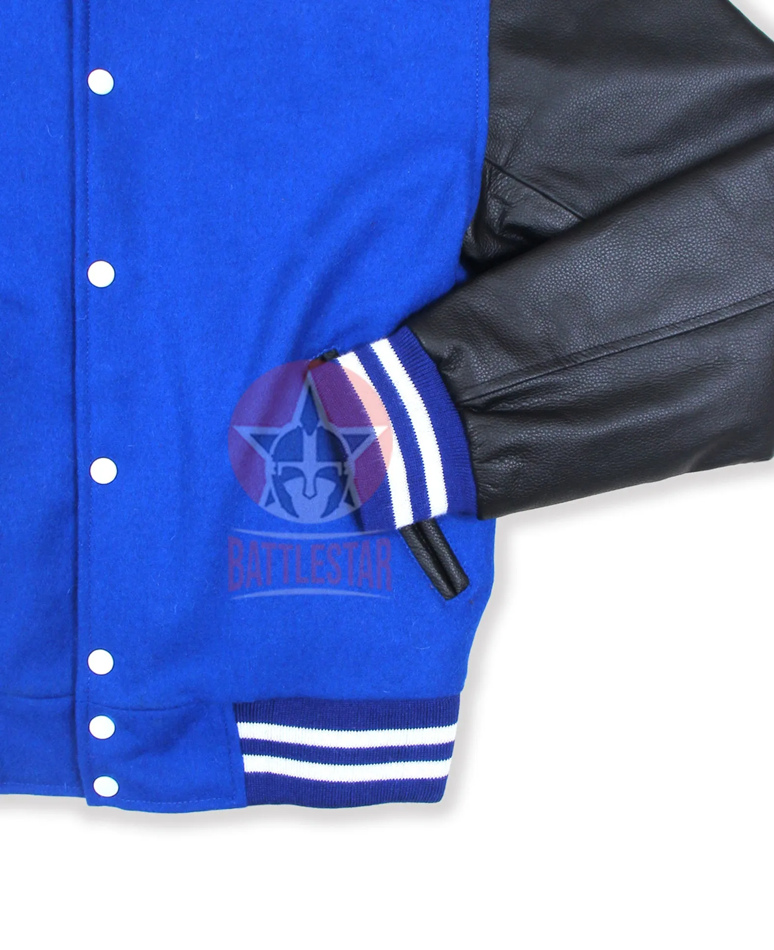 Royal Blue Wool Varsity Jacket Black Leather Sleeves