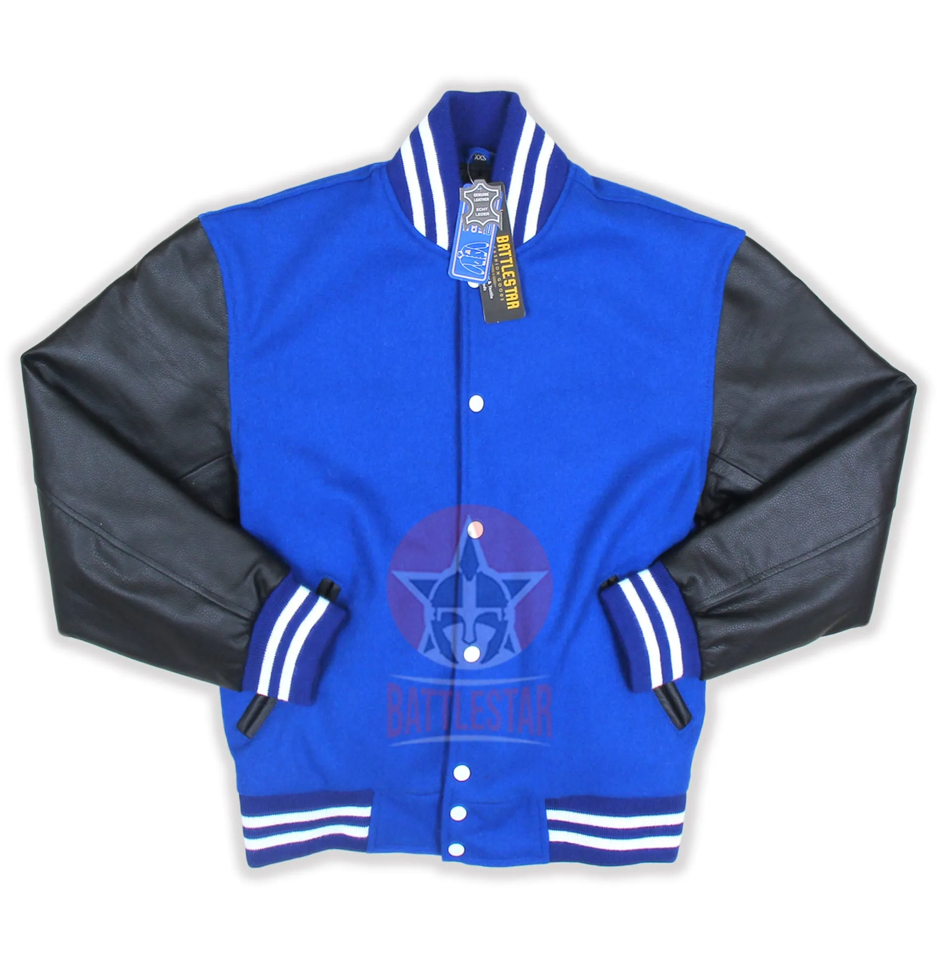 Royal Blue Wool Varsity Jacket Black Leather Sleeves