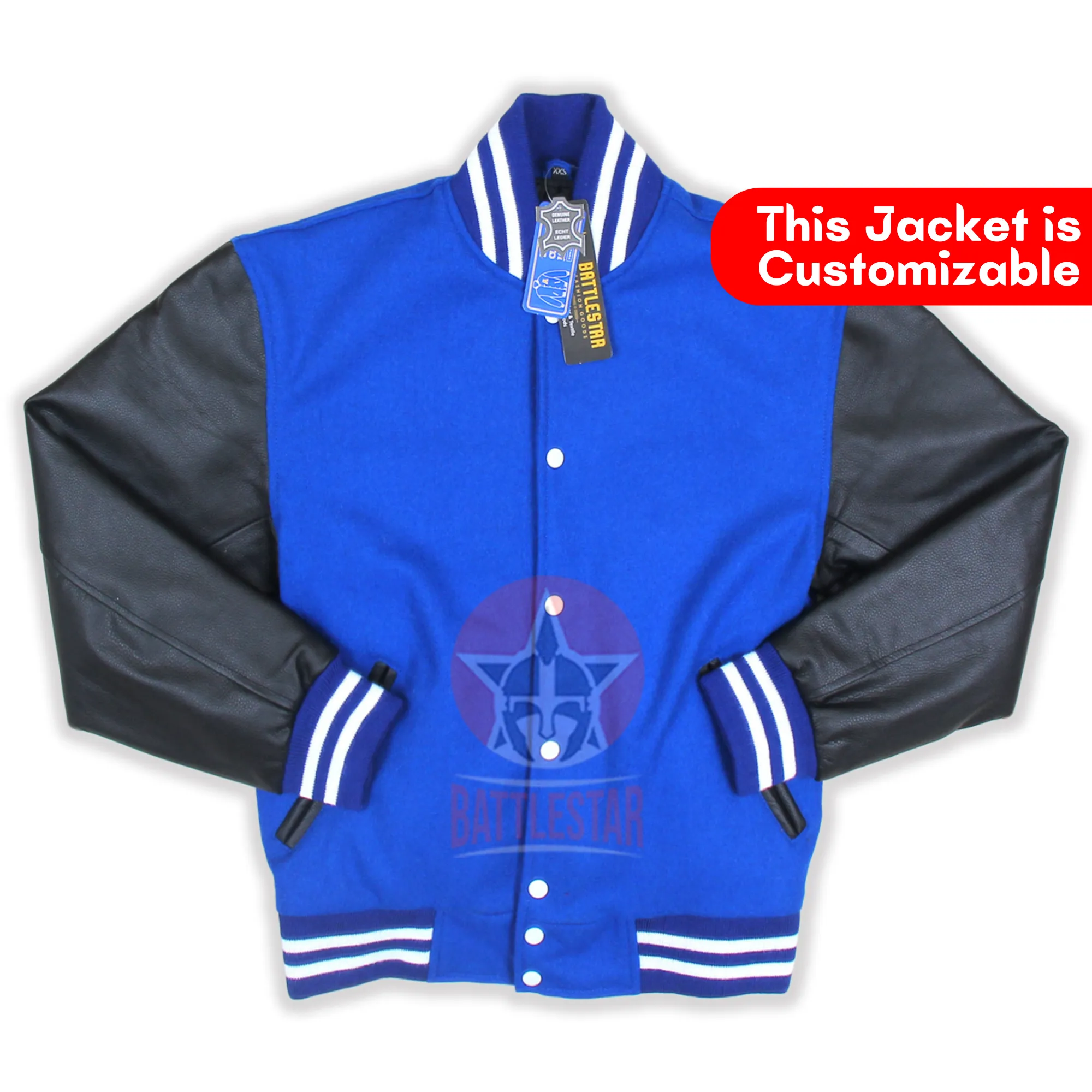 Royal Blue Wool Varsity Jacket Black Leather Sleeves