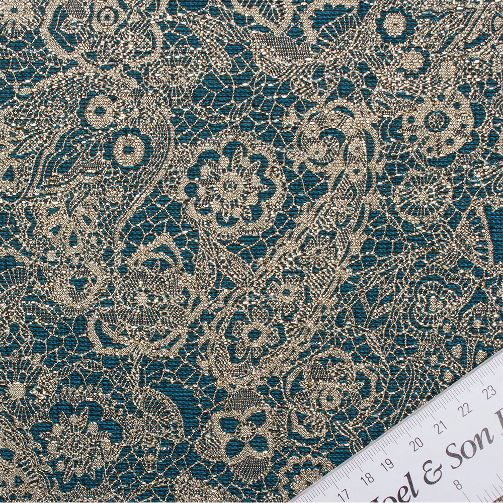 Teal & Gold Floral Metallic Brocade